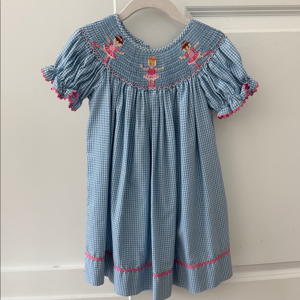 VELANI 2T Smocked Blue Gingham Girls Dress with Pink Trim and Ballerina Motif
